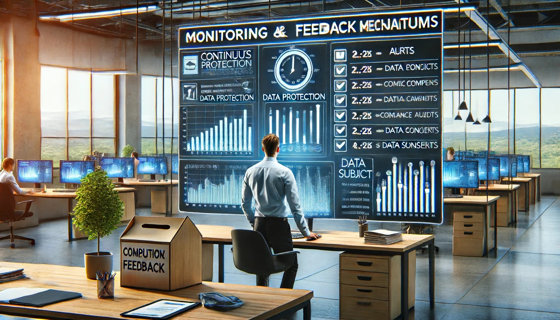 Staff member in a professional office monitoring data protection practices on a computer screen with compliance metrics and alerts. The desk includes a suggestion box and feedback form, with a whiteboard in the background showing a schedule for regular audits, emphasizing continuous monitoring and feedback mechanism