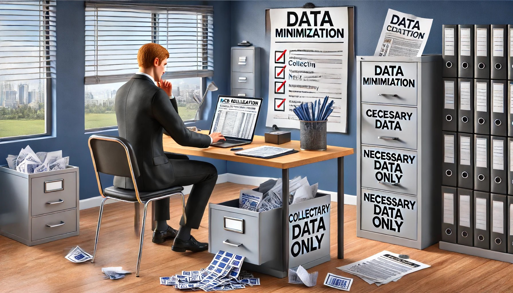 Staff member in a professional office setting reviewing a data collection form on a laptop, with a checklist titled 'Data Minimization,' a file cabinet labeled 'Necessary Data Only,' and a paper shredder disposing of documents, emphasizing the principles of data minimization and collecting only necessary data