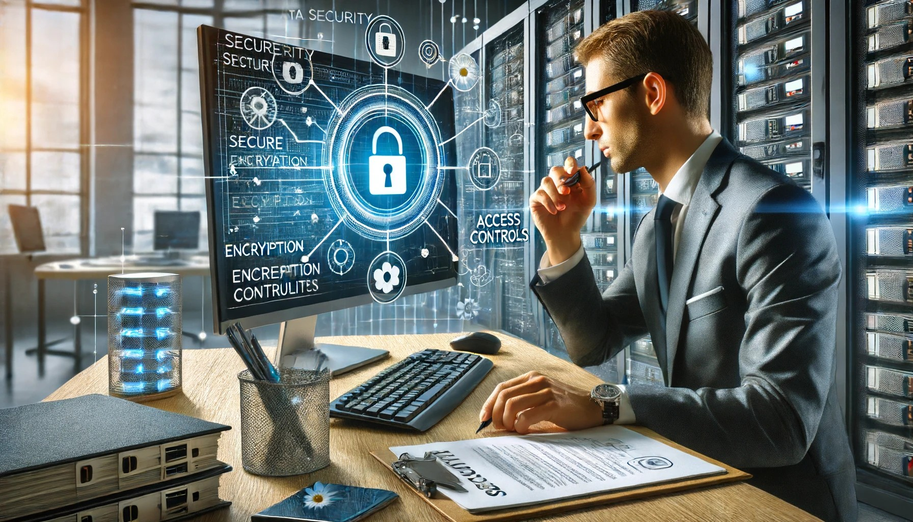 An IT professional working on a computer in an office, with a secure system interface displaying encryption and access controls. The background features a server room or data center, and a checklist for regular security audits is visible on the desk. This image emphasizes the importance of implementing data security measures and conducting regular audits to ensure data protection.